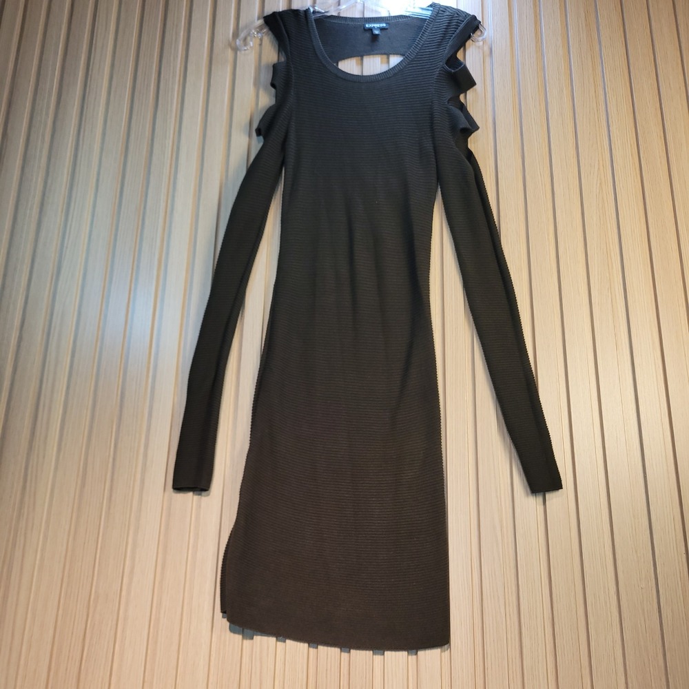 Express Olive Green Ribbed Cold Shoulder Cage Back Bodycon Dress XS Long Sleeve